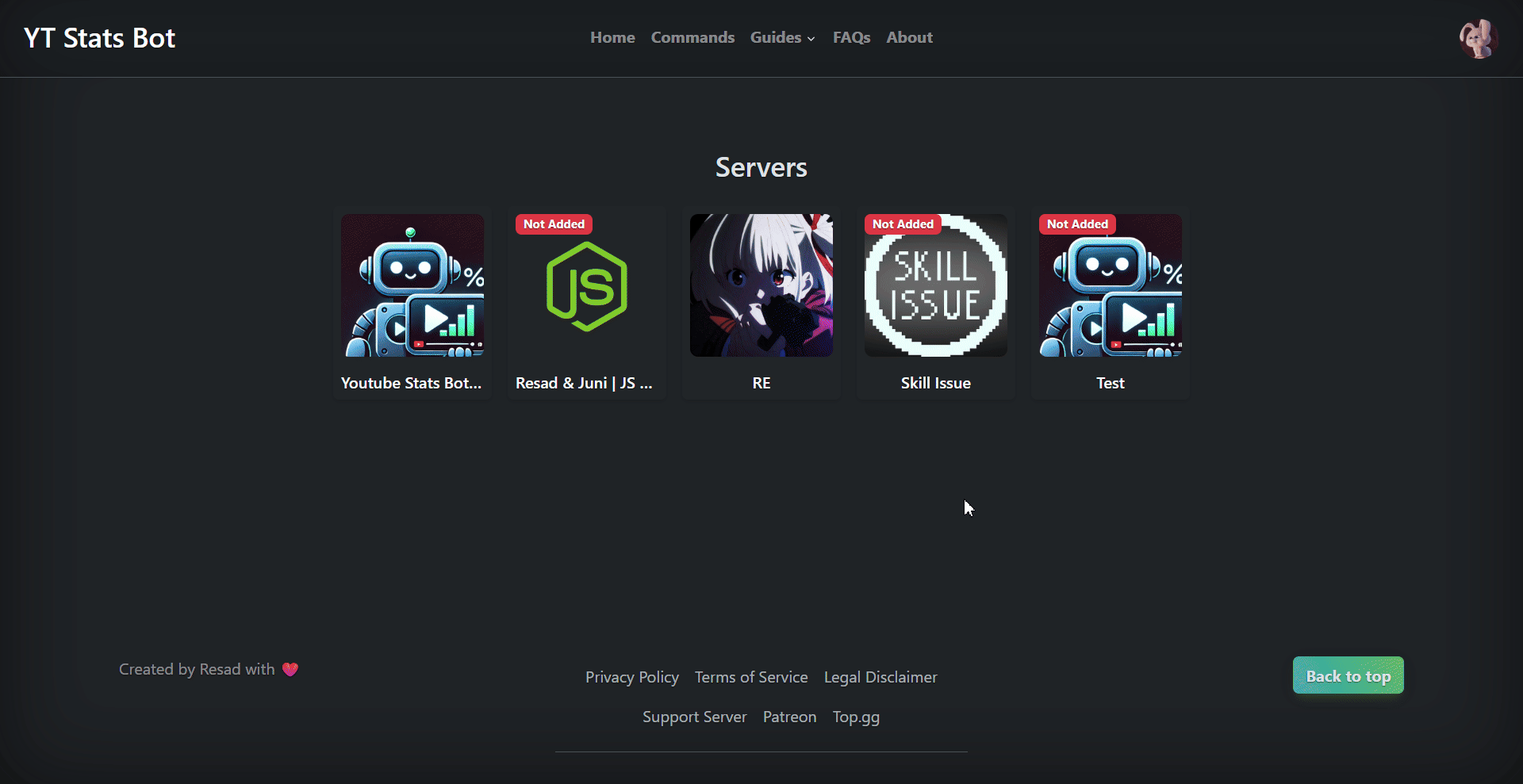 YouTube Stats Bot dashboard setup page